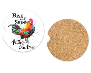 Rise and Shine, Mothercluckers, Car Coasters, Rooster, White Elephant Gift, Farm Animals, Funny Quotes, 2.6 inch, Cork Back